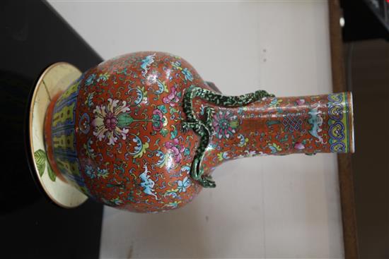 A large Chinese orange ground famille rose bottle vase, 19th century, 42.5cm